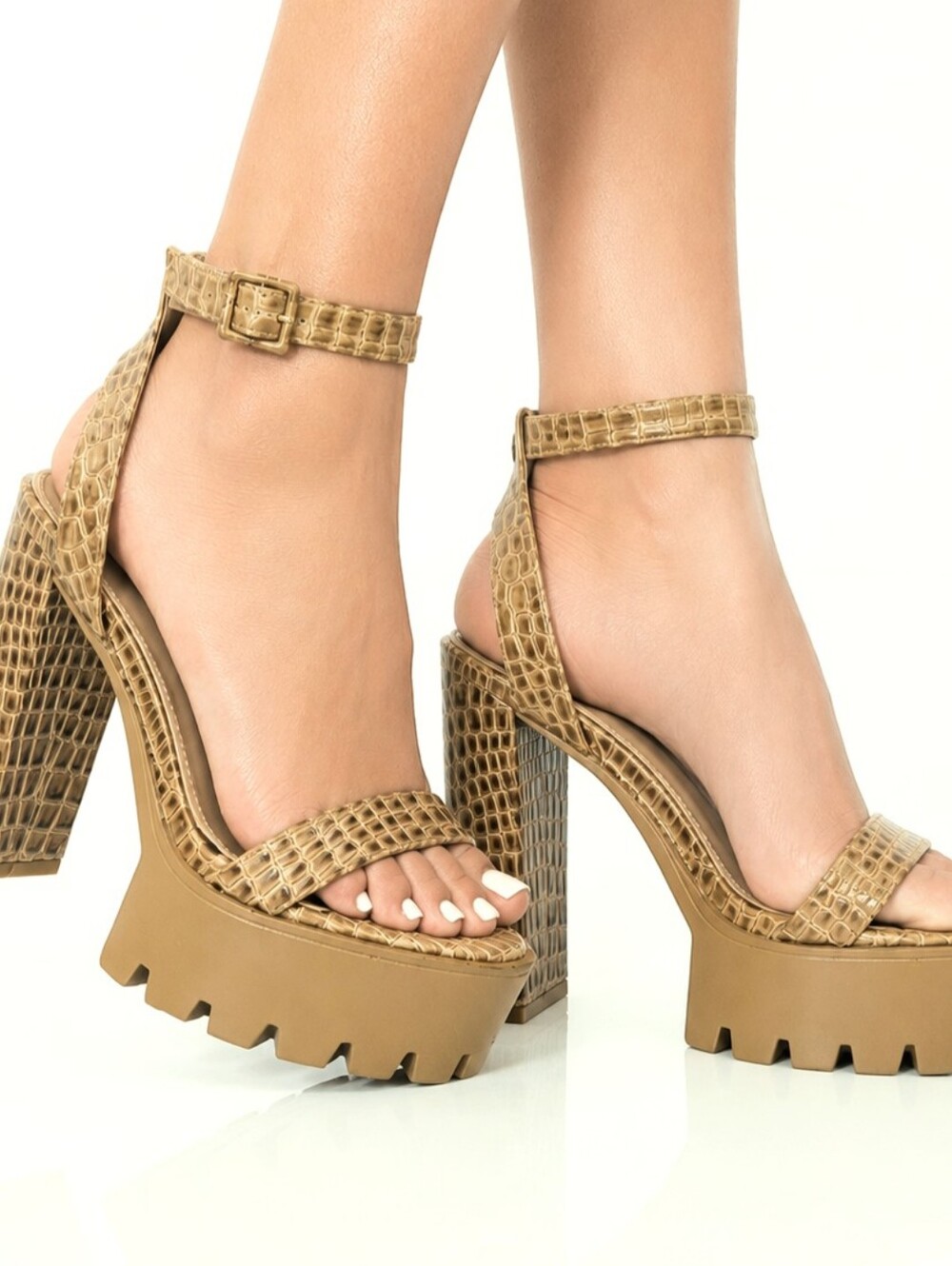 NWoB GLAZE Croc Embossed Texture Platform Sandal Block Heels in Beige Tan 7.5
